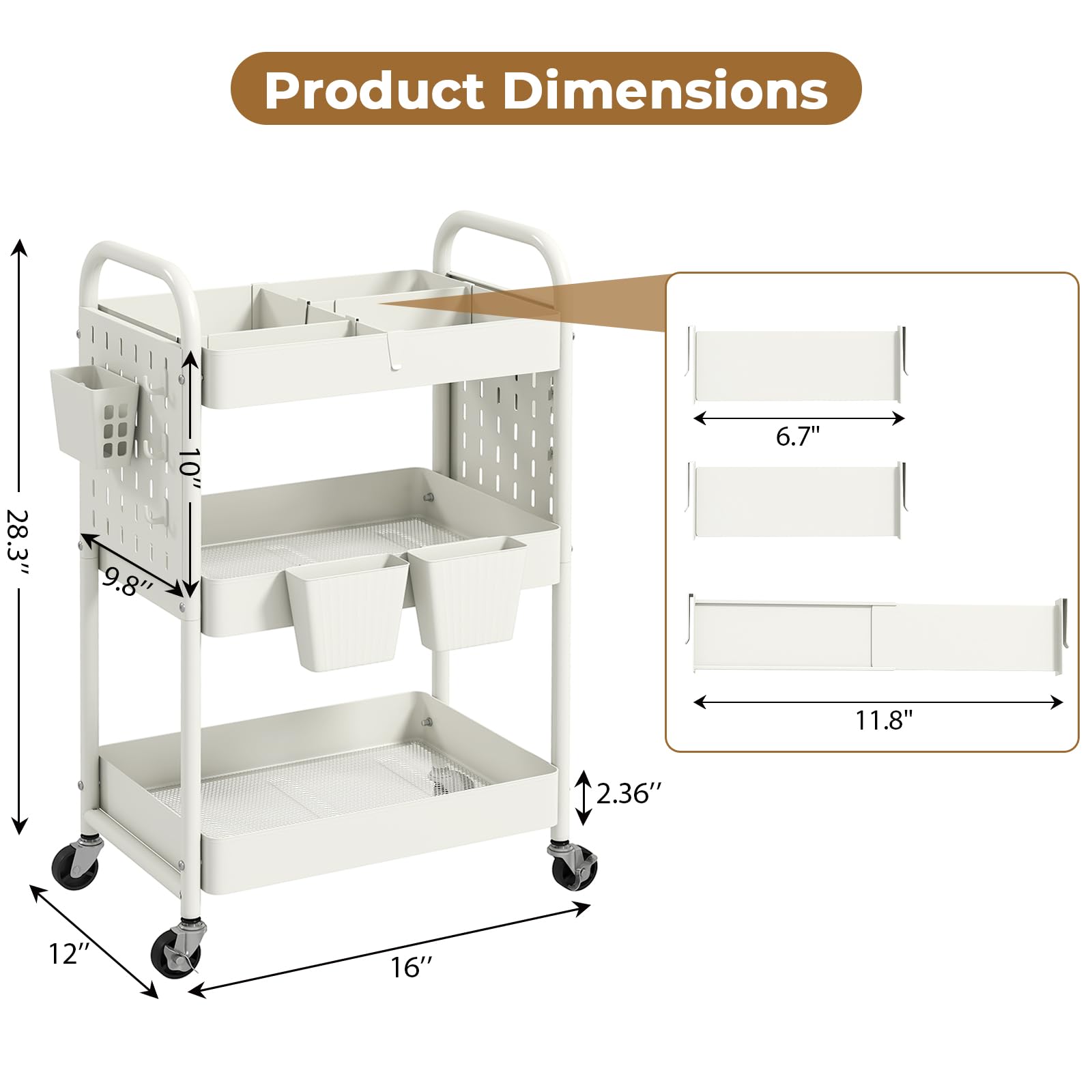 danpinera 3 Tier Rolling Cart, Metal Utility Cart with DIY Pegboard, Rolling Carts with 3 Dividers
