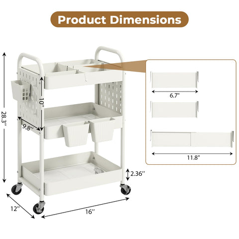 danpinera 3 Tier Rolling Cart, Metal Utility Cart with DIY Pegboard, Rolling Carts with 3 Dividers