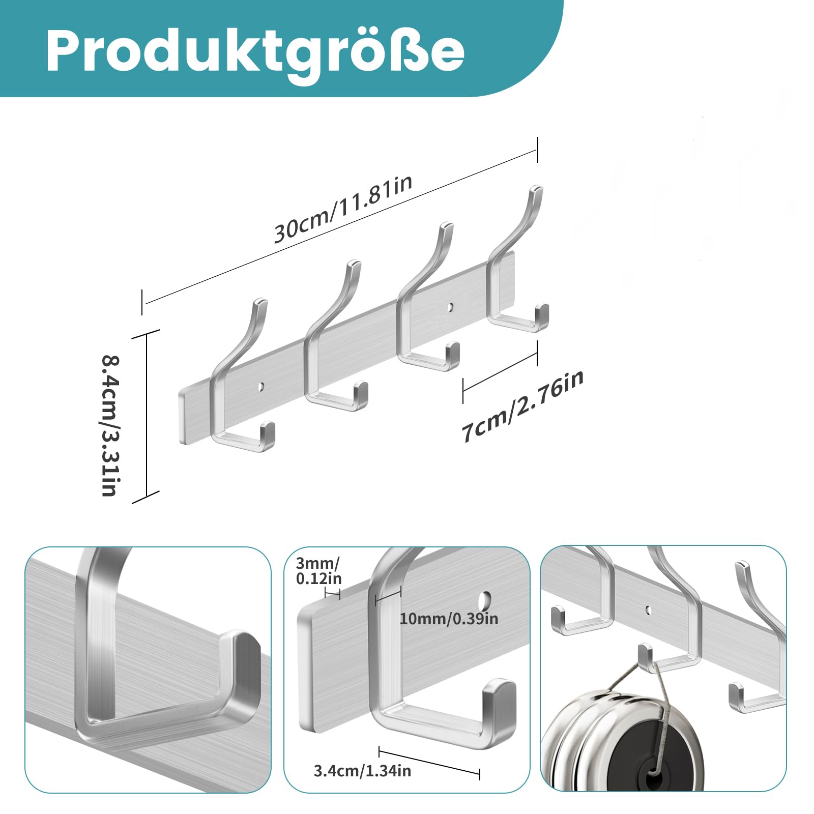 MEIJO Coat Hooks Wall Mounted Stainless Steel, Silver Coat Rack Wall Mounted with 4 Hooks Heavy Duty Coat Hooks for Door, Bathroom, Bedroom, Kitchen