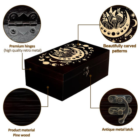 arricraft 1 Pc Wooden Memorial Storage Box, Moon Eclipse Mushroom Carving Pattern Rectangle Pine Tarot Box for Festival Gift Anniversary Jewelry