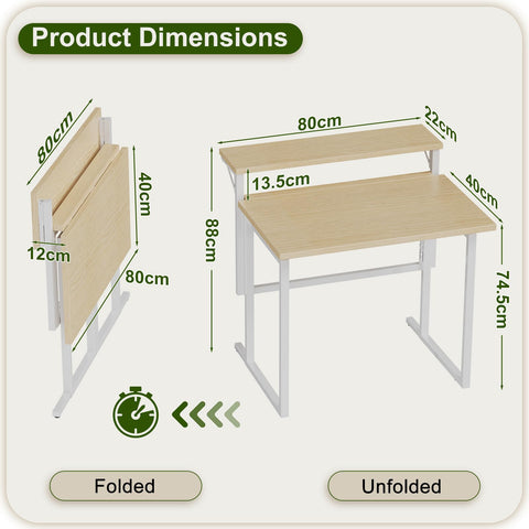 JUMMICO Foldable Desk,Small Desk with Monitor Shelf,2-Tier Folding Table for Home, Office, School, Computer Desk for Small Space,Oak