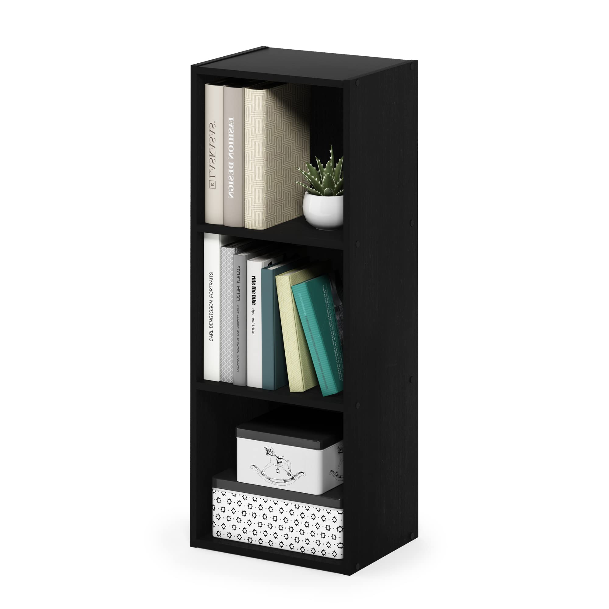 Furinno PASIR Book Shelf, 3-Tier Bookshelf, Bookcase with Open Shelves, 9 x 12 x 32, for Living Room, Bedroom, Home Office, Blackwood