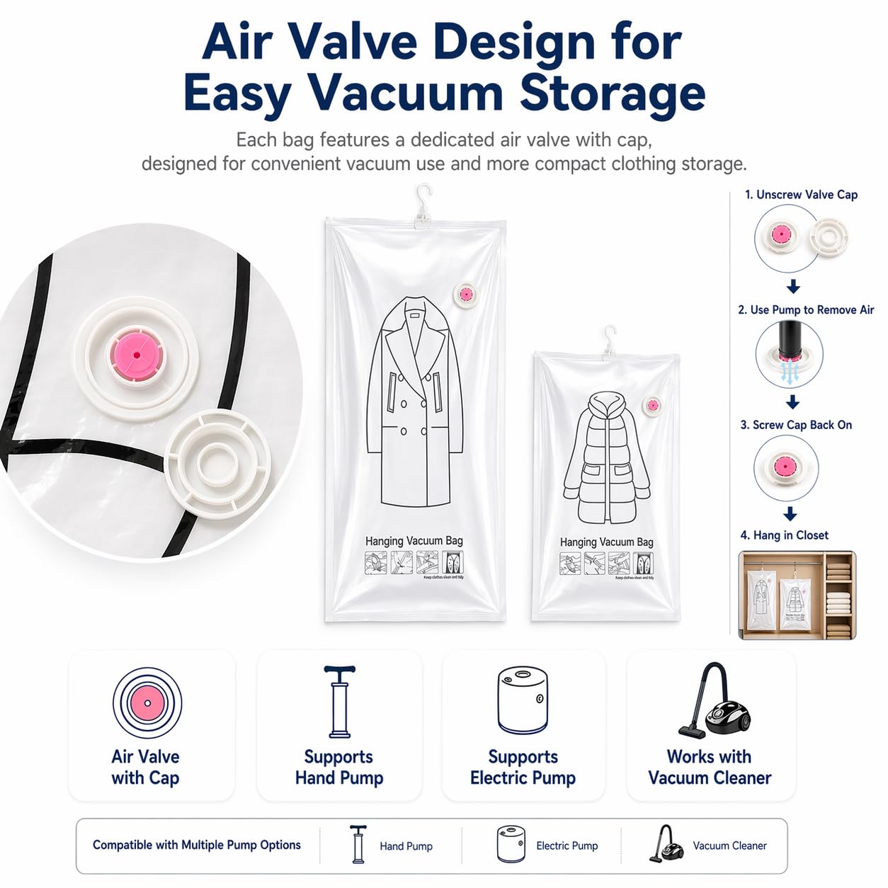 Hanging Vacuum Storage Bags for Clothes, Coats and Jackets, Large Size, Set
