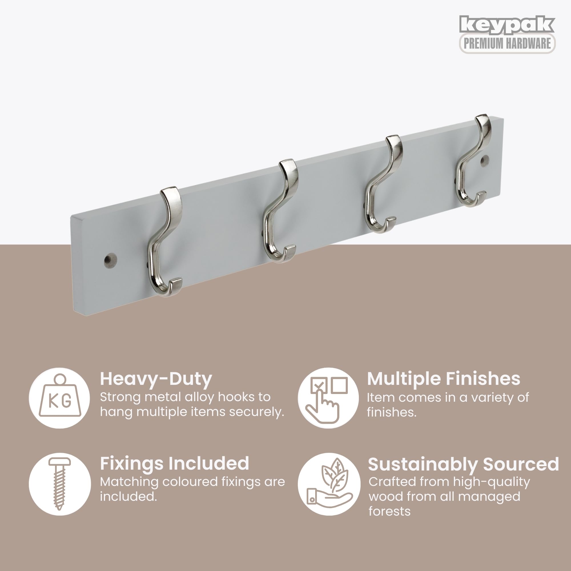 keypak Wall-Mounted Coat Rack – 4 Nickel Hooks on Stylish 38cm Grey Wood