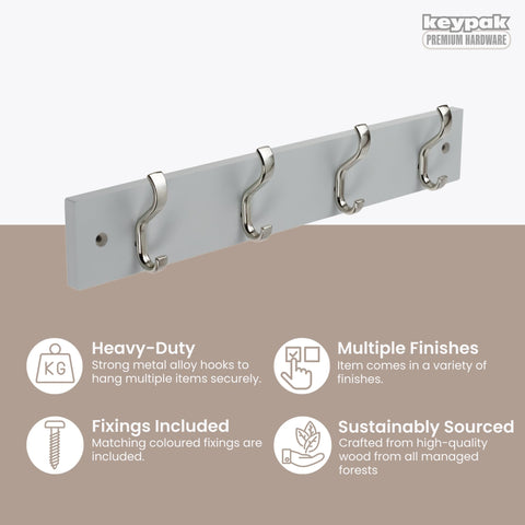 keypak Wall-Mounted Coat Rack – 4 Nickel Hooks on Stylish 38cm Grey Wood