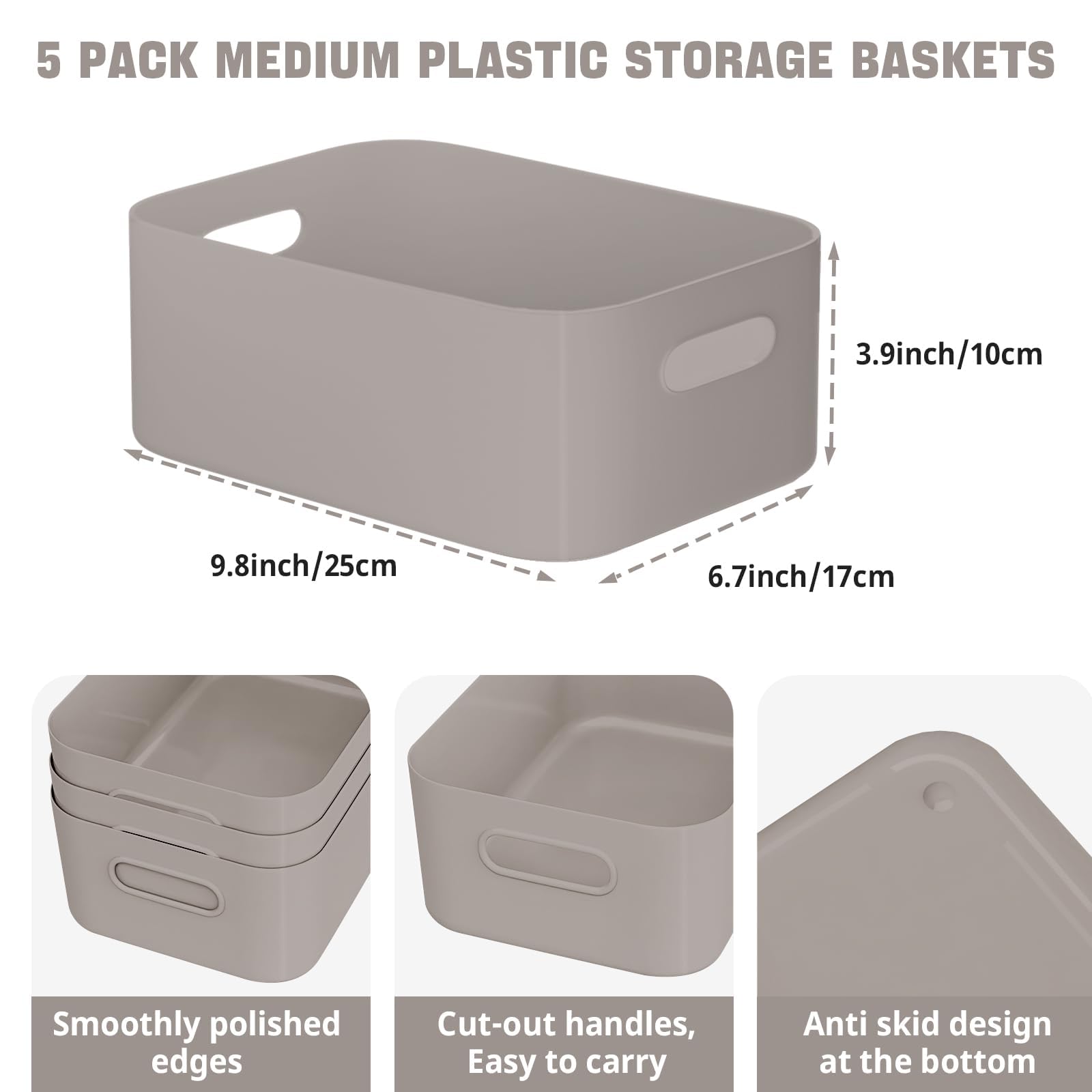 W&H 5 PCS Plastic Storage Baskets, Medium Storage Boxes with Handle, Rectangular Home & Kitchen Organiser, Plastic Baskets for Bathroom, Shelves
