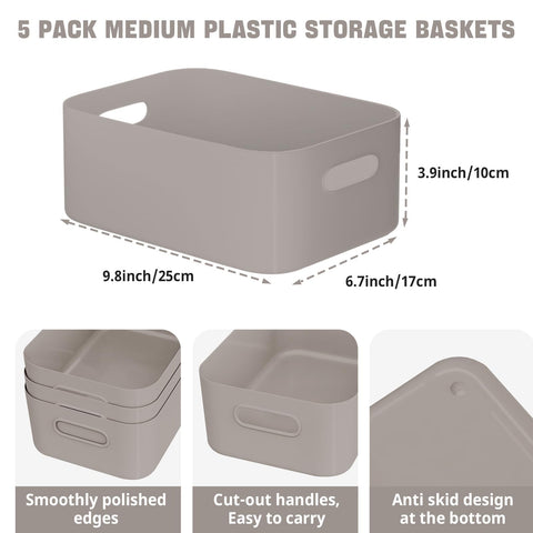 W&H 5 PCS Plastic Storage Baskets, Medium Storage Boxes with Handle, Rectangular Home & Kitchen Organiser, Plastic Baskets for Bathroom, Shelves