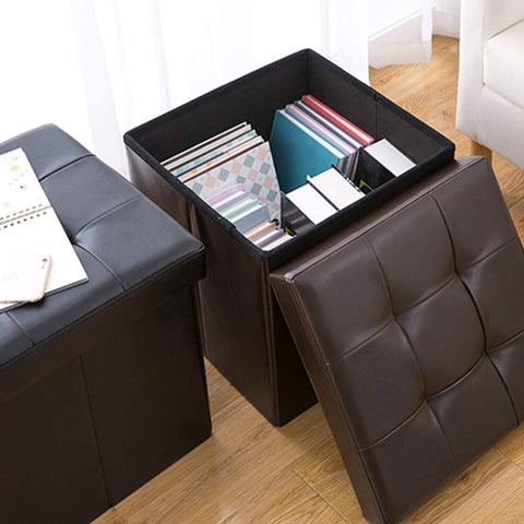 BRIAN & DANY Folding Ottoman Storage Box with Lid, Faux Leather Footstool Toy Storage Box Storage Seat 38 x 38 x 38 cm (Black)