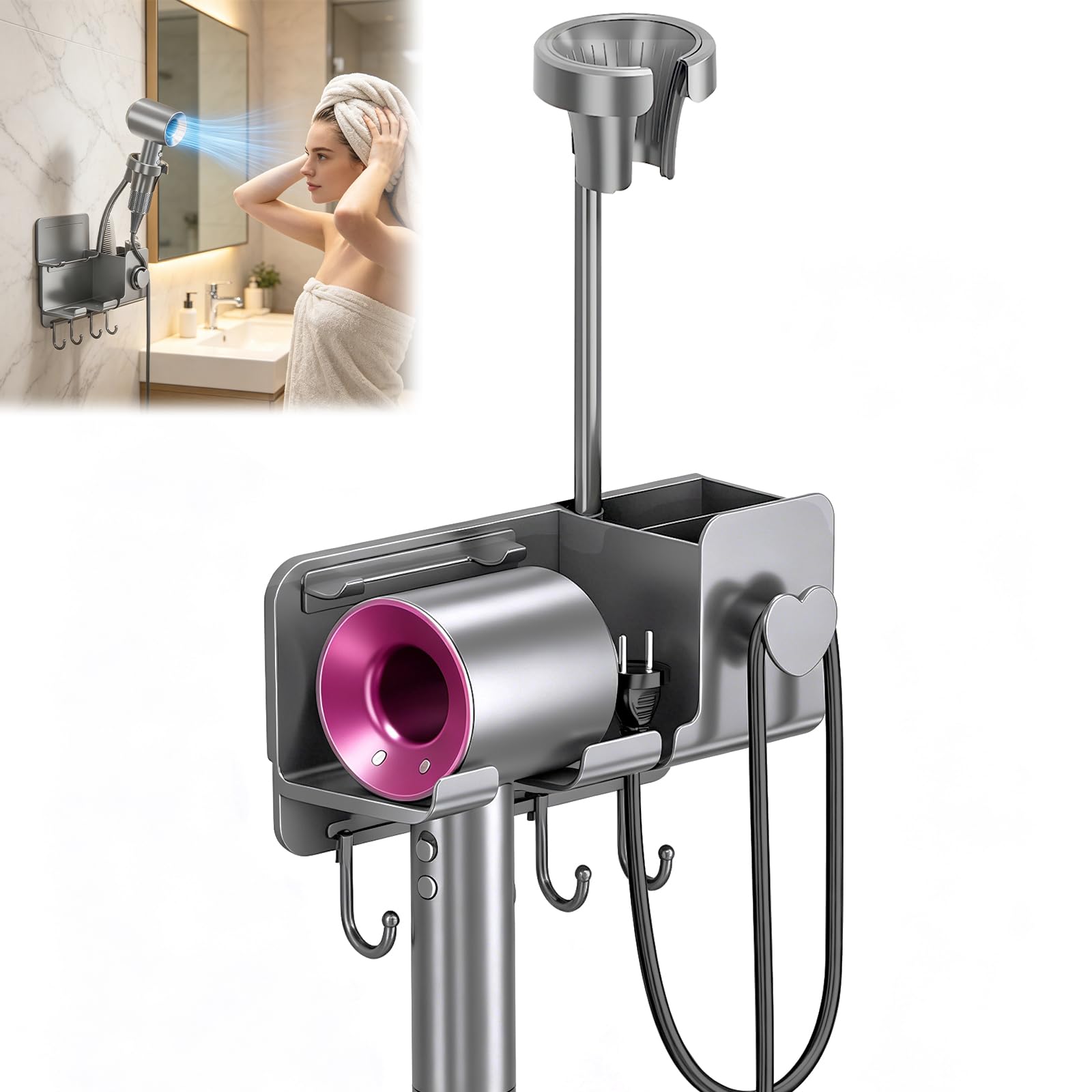 Ecloom Hair Dryer Holder No Drilling Required with 360 Deg Rotation