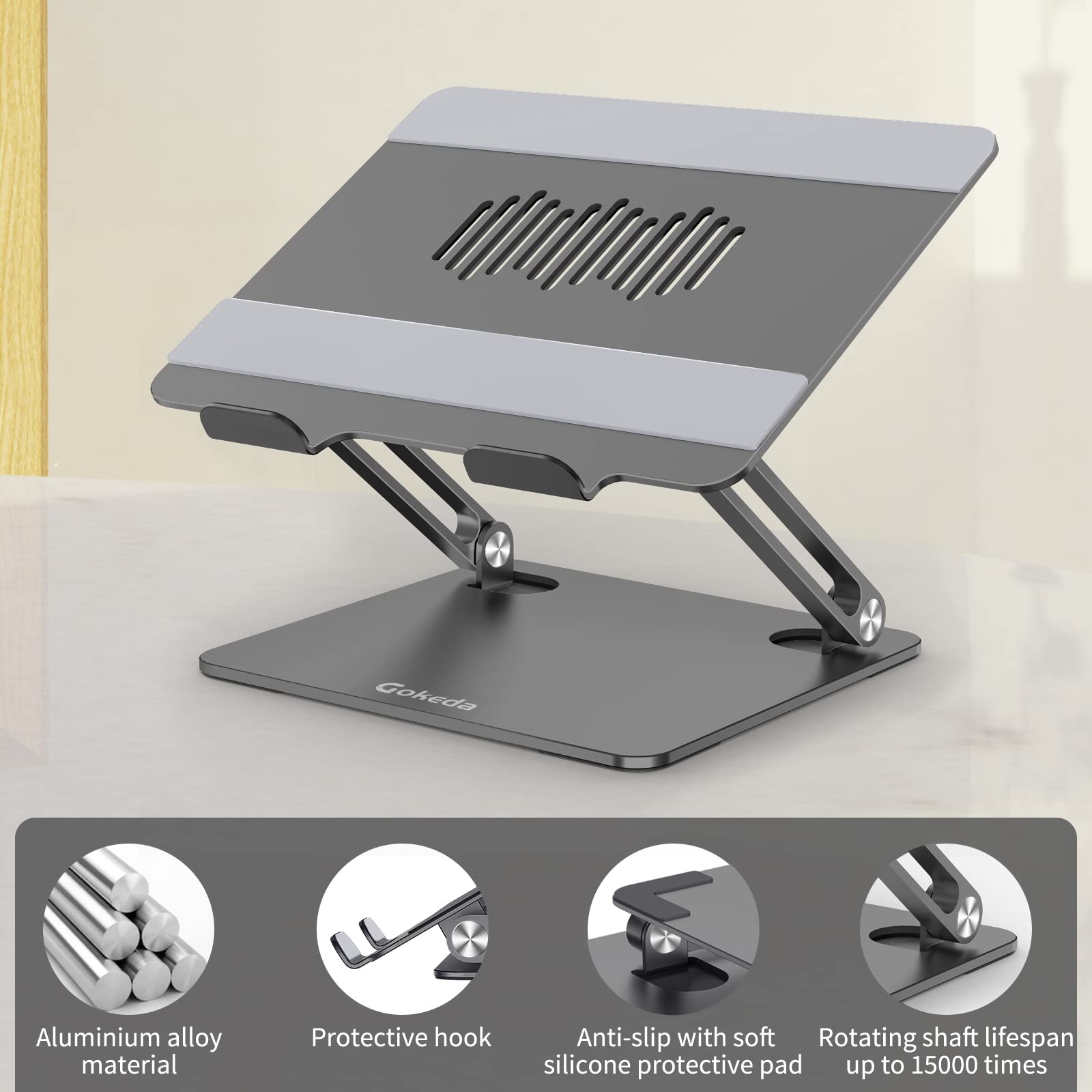 GOKEDA Laptop Stand, Ergonomic Aluminium Alloy Computer Stand for desk, Multi-Angle Adjustable Laptop Riser with Heat-Vent Compatible for Macbook