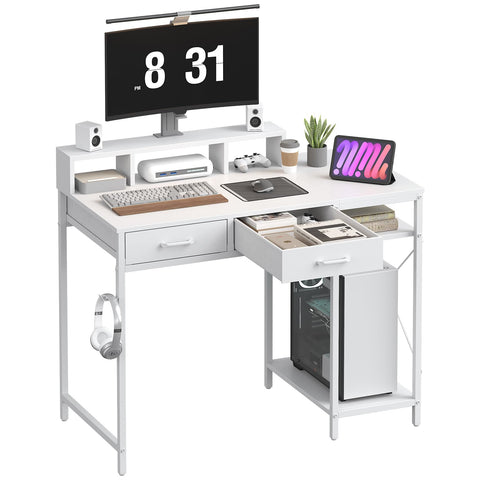 Feonase Ergonomic Computer Desk with Monitor Riser, 2 Under-Desk Drawers, CPU Stand & Hook – MDF Desktop for Home Office, Gaming & Study White