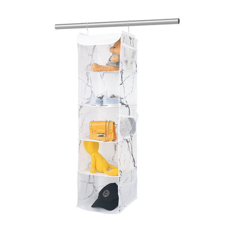 BrilliantJo Hanging Storage with 5 Shelves Wardrobe Closet Organiser, Storage Shelves Unit with 6 Pockets for Clothes - marblizing(30 x 30 x 108cm)