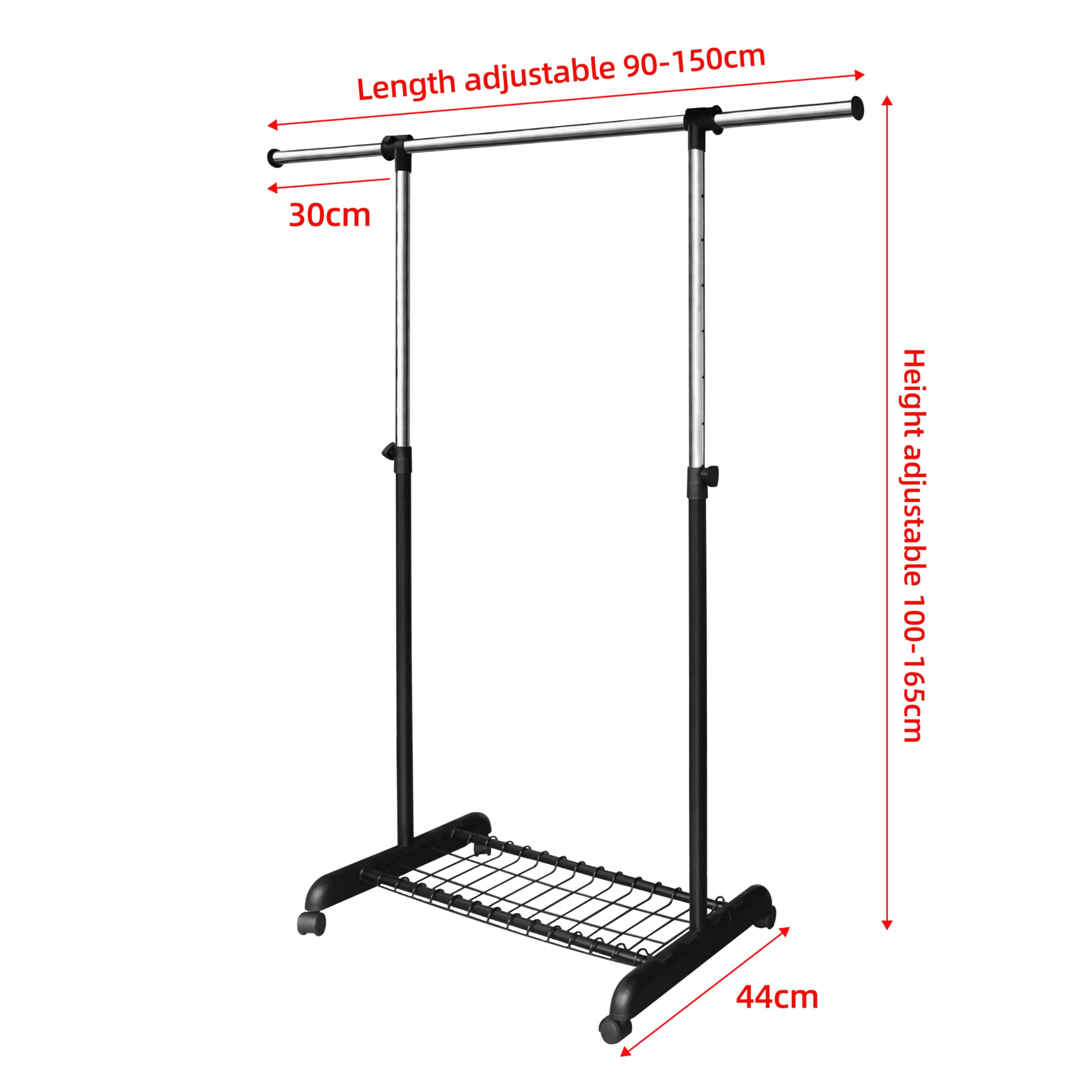 LiaMeE Heavy Duty Clothes Rail for Bedroom, Adjustable Clothes Rack on Wheels,Hanging Rail for Clothes, Black & Chrome