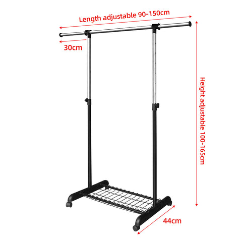 LiaMeE Heavy Duty Clothes Rail for Bedroom, Adjustable Clothes Rack on Wheels,Hanging Rail for Clothes, Black & Chrome