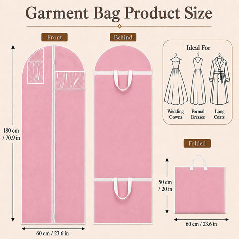 Sytinnice 3Pcs Long Dress Garment Bags, 60×180cm Folding Full Length Garment Cover Bag with Zipper, Pocket & Handle