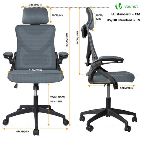 VOUNOT® Ergonomic Office Desk Chair, High Back Computer Chair, Executive Swivel with Adjustable Lumbar Support & Headrest for Home Office, Grey