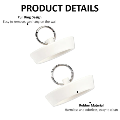 2 Pack Rubber Bath Plug, Universal 1-3/4"(41.8-47.5 mm) and 1-3/8" (34.5-40 mm) White Bathroom Sink Drain Tub Stoppers with Hanging Ring for Bathtub