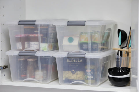 Iris Ohyama Storage Boxes with Lids, 15L, Set of 4, Silver, Secure Buckles, Stackable, Pull-Handles, For Bedroom, Closet, Office, Organisation