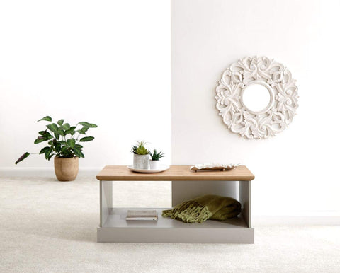 GFW Kendal Coffee Table, Grey and Oak Effect Living Room Table with Open Storage Shelf, Country Style Furniture