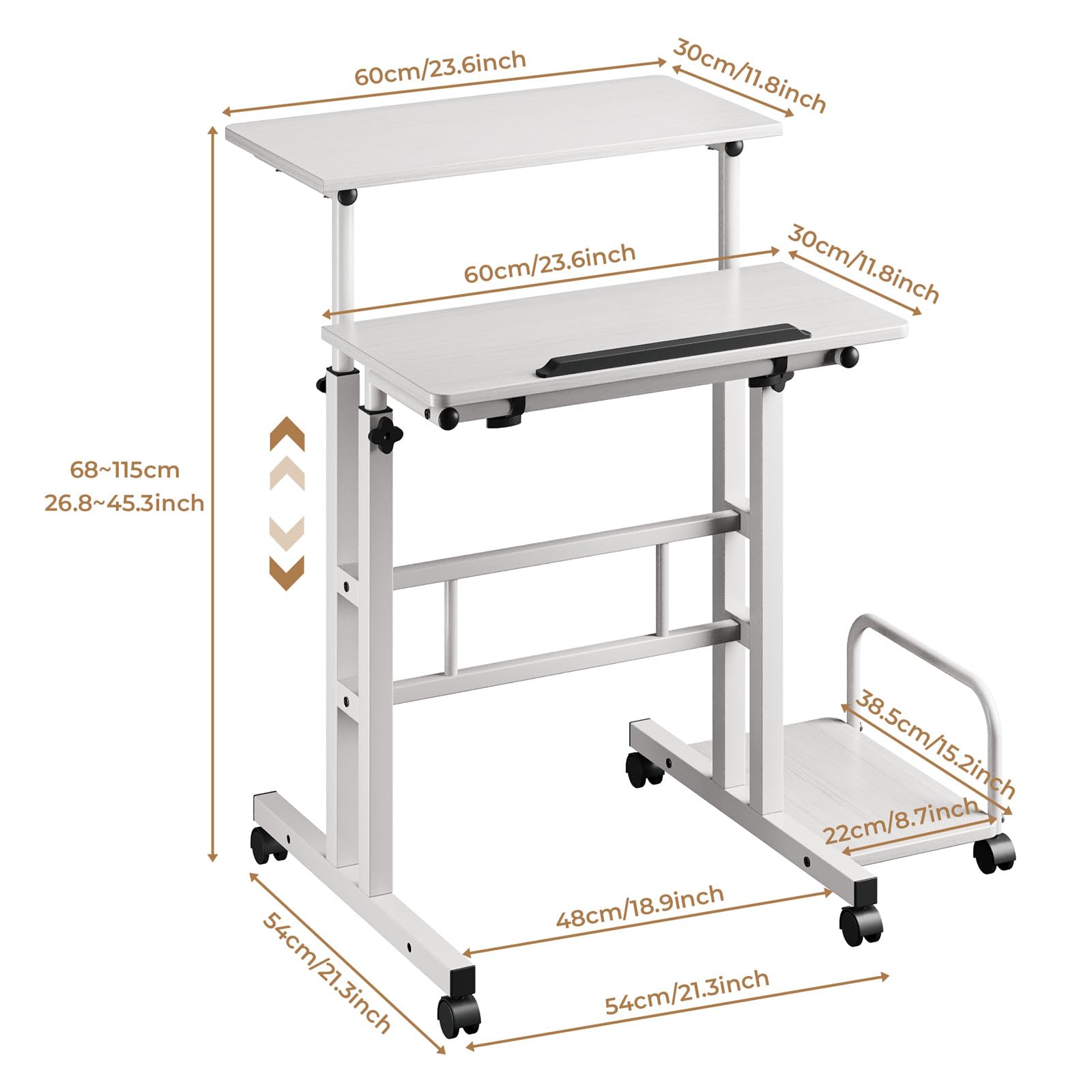 Dripex Standing Desk, Height Adjustable Rolling Desk with Tilting Table Top, Sit-Stand Workstation with Wheels, 60 x 60 cm, laptop Table