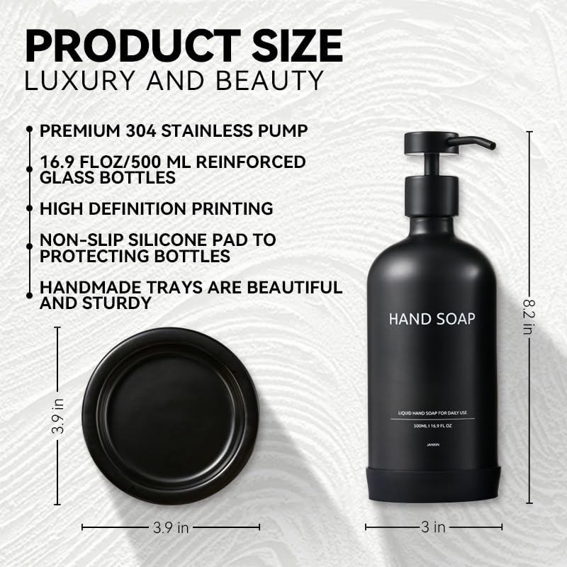 Janxin Black Glass Bottles with Pump, Hand Soap Dispenser Set, Glass Soap Dispenser Set, Washing up Lliquid Dispenser, With Tray