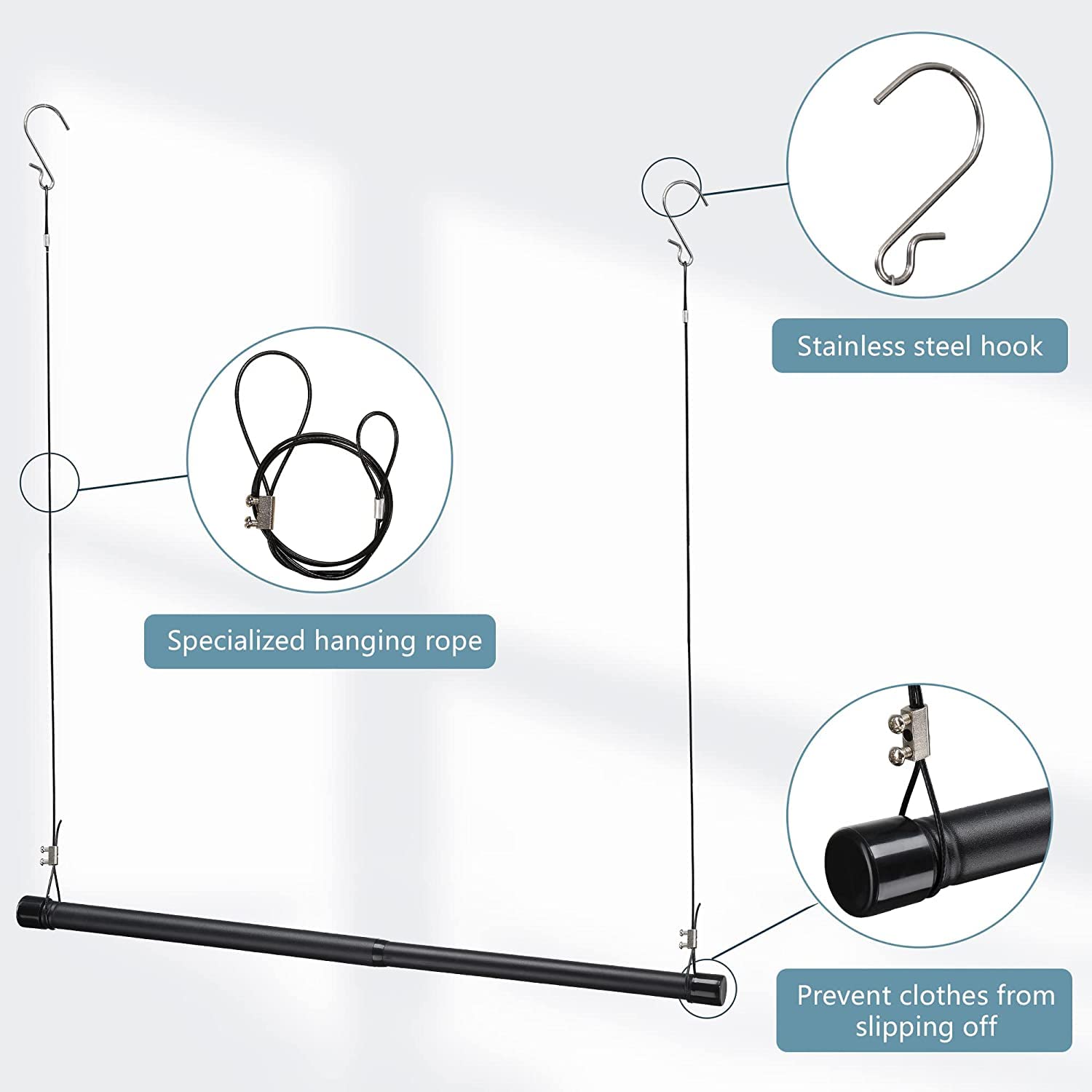 Wardrobe Rail, rod, Extendable Stainless Steel Hanging Clamping, 38-101 cm, Adjustable Tension for Wardrobe, Silver