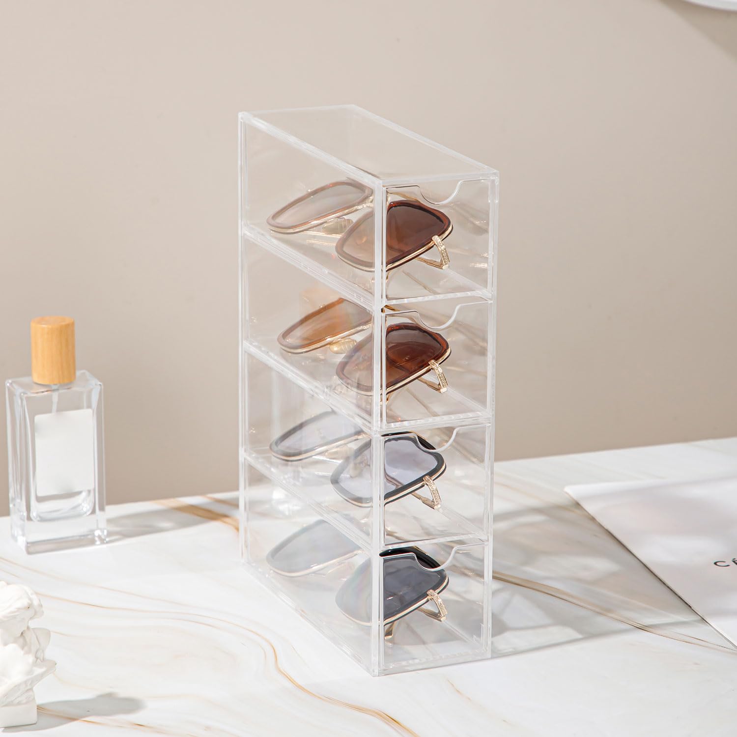 Himifuture Sunglasses Organiser with 4 Drawers, Acrylic Eyeglass Organizer, Make-up Storage Drawer Tray, Jewelry Box