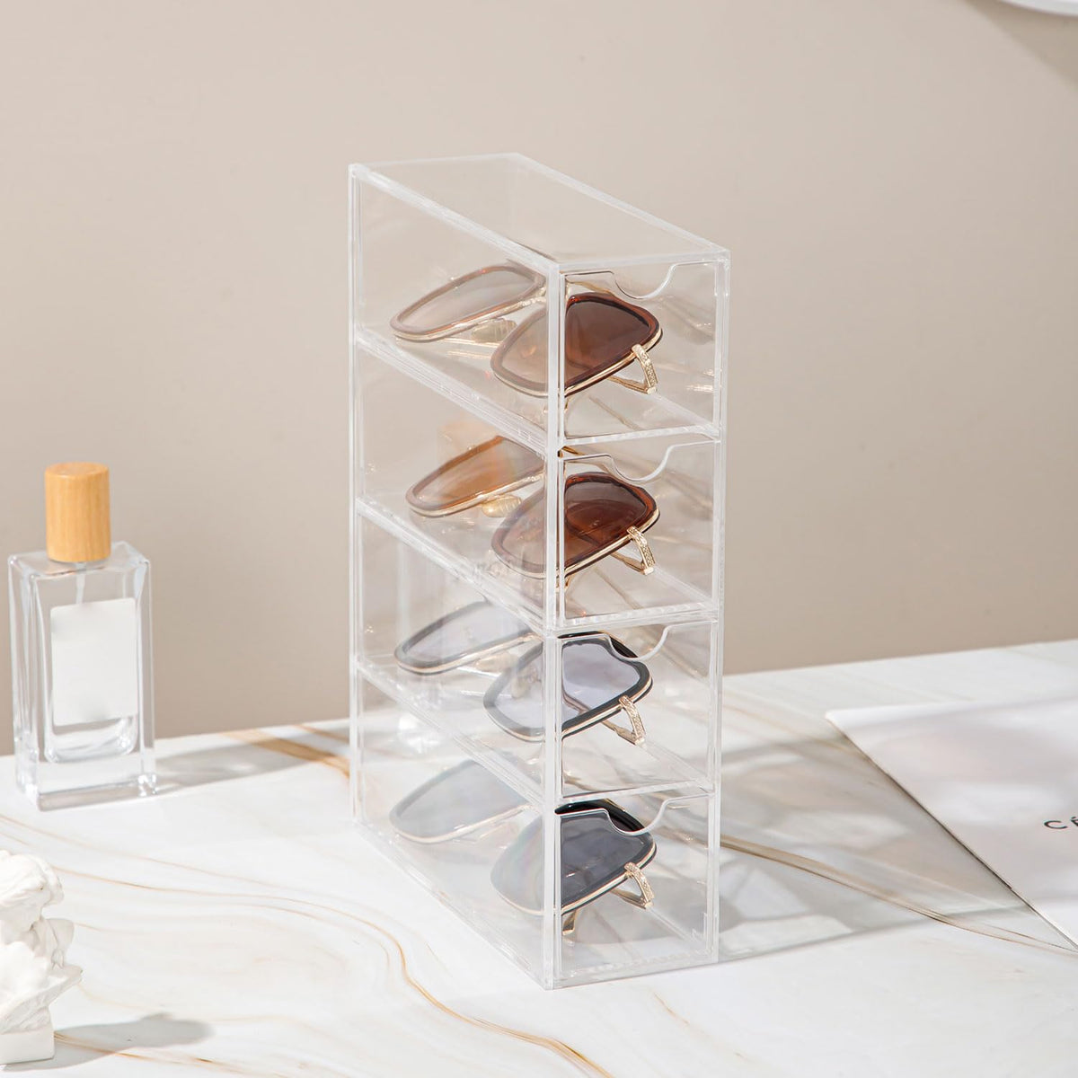 Himifuture Sunglasses Organiser with 4 Drawers, Acrylic Eyeglass Organizer, Make-up Storage Drawer Tray, Jewelry Box