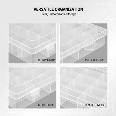 2 Pcs 36 Grid Plastic Craft Storage Box with Removable Adjustable Dividers, Transparent Organizer Container with Secure Buckle Lids
