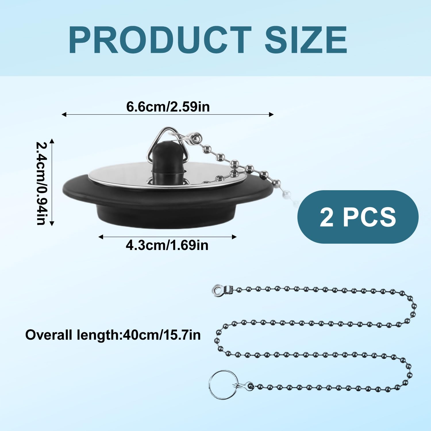 2 Pack Sink Plug, 43mm Universal Bath Plug with 40cm Stainless Steel Chain, Rubber Drain Stopper for Bathroom Kitchen Laundry Sink