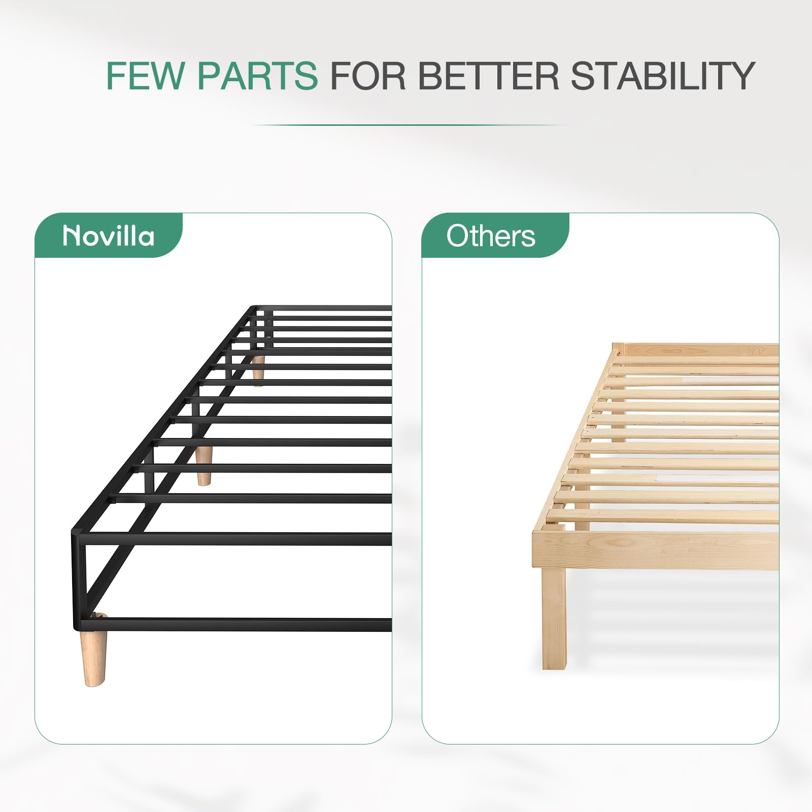 Novilla 35cm Double Metal Platform Bed Frame, 4FT6 Mattress Foundation With Fabric Cover, Metal Slat Support, Solid Wooden Support Legs