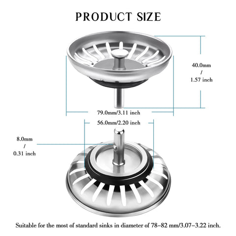 2 Pack Kitchen Sink Plug and Strainer,304 Stainless Sink Strainer Plug(Thickened version),for Kitchen or Bath Shower Basin Tray