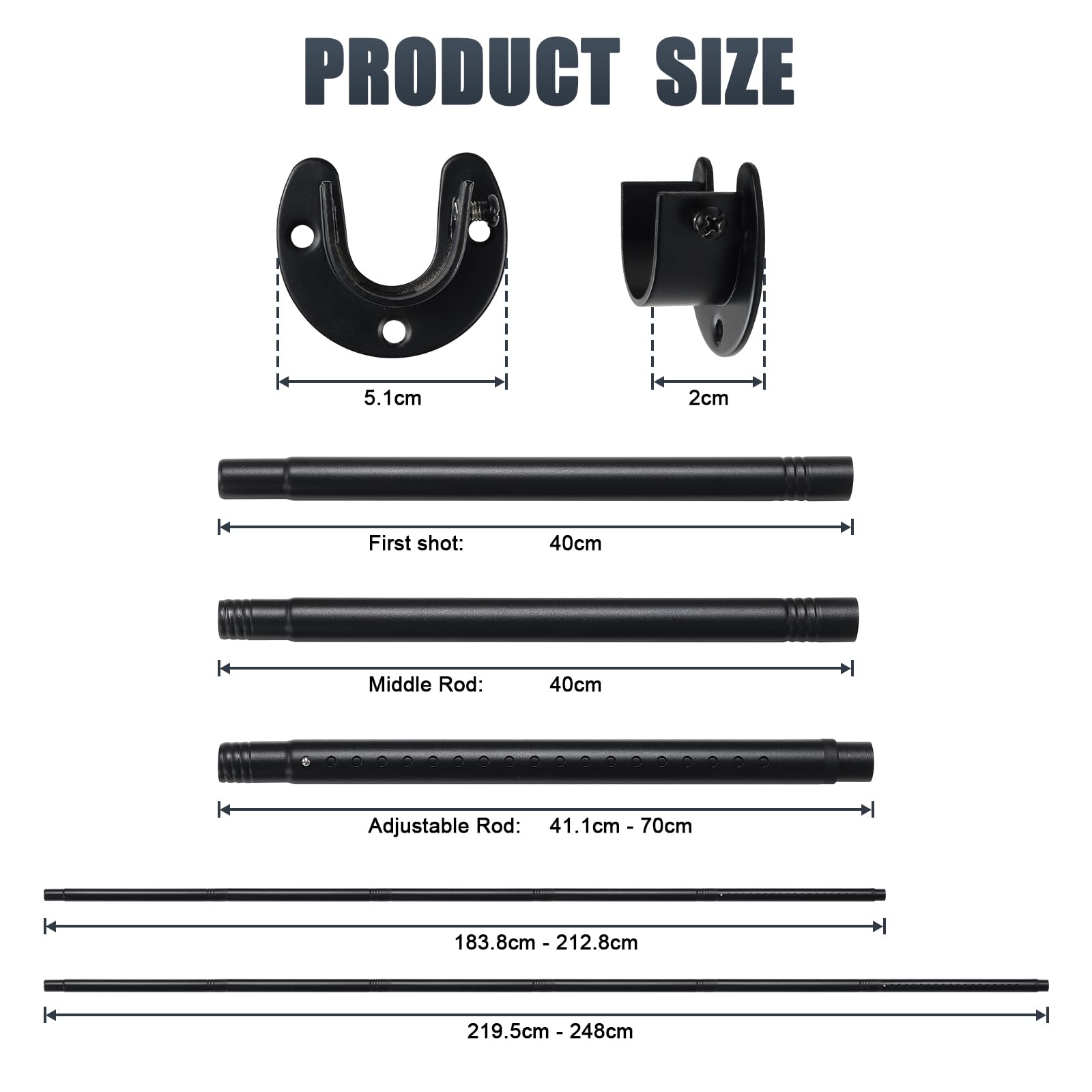 Closet Rods for Hanging Clothes, 40 to 212cm Adjustable Metal Closet Rod, Heavy Duty Extendable Wardrobe Rod
