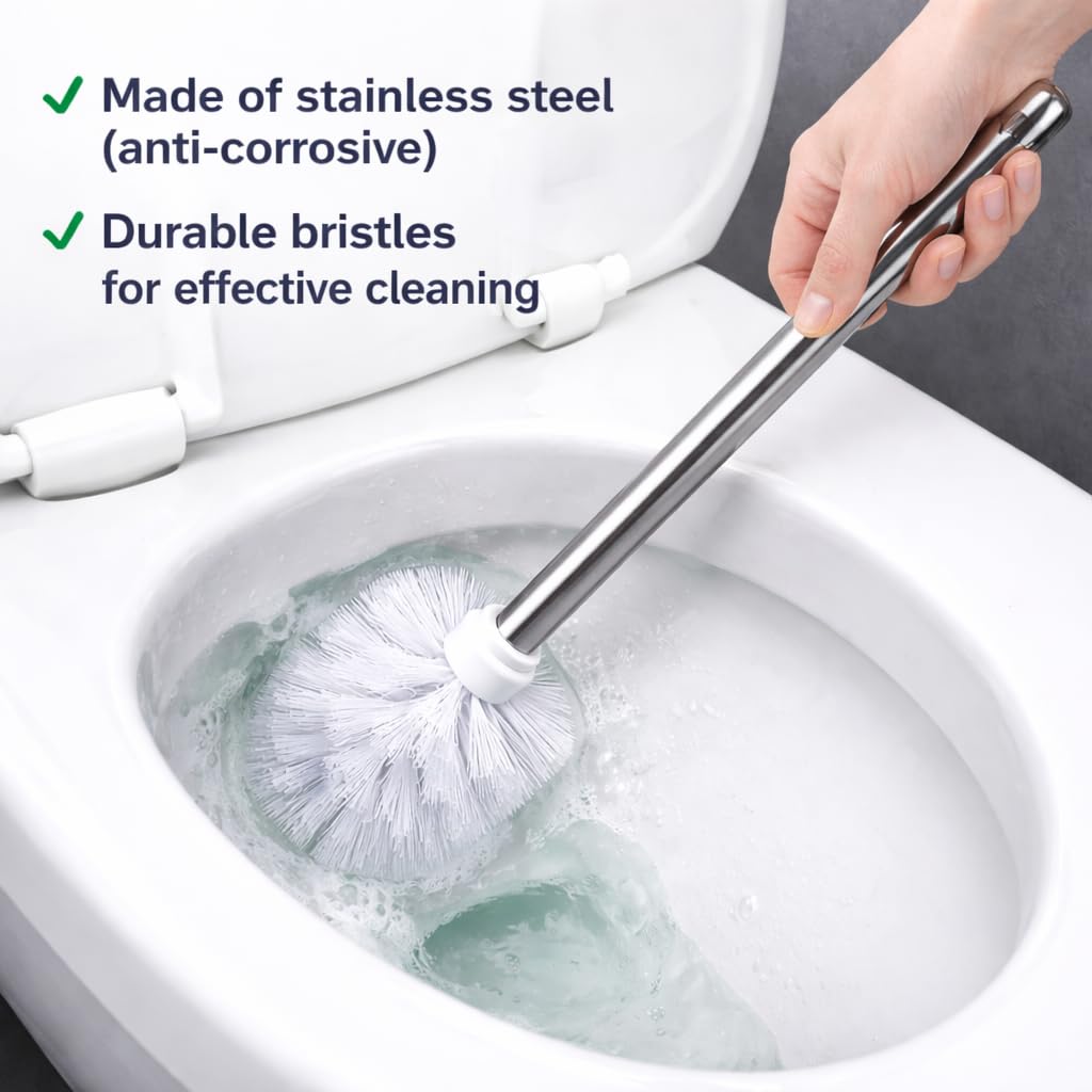 Chrome Toilet Brush With Durable Bristles – 35Cm Long Handle Bathroom Cleaning Brush – Freestanding Toilet Cleaner Brush For Deep Cleaning