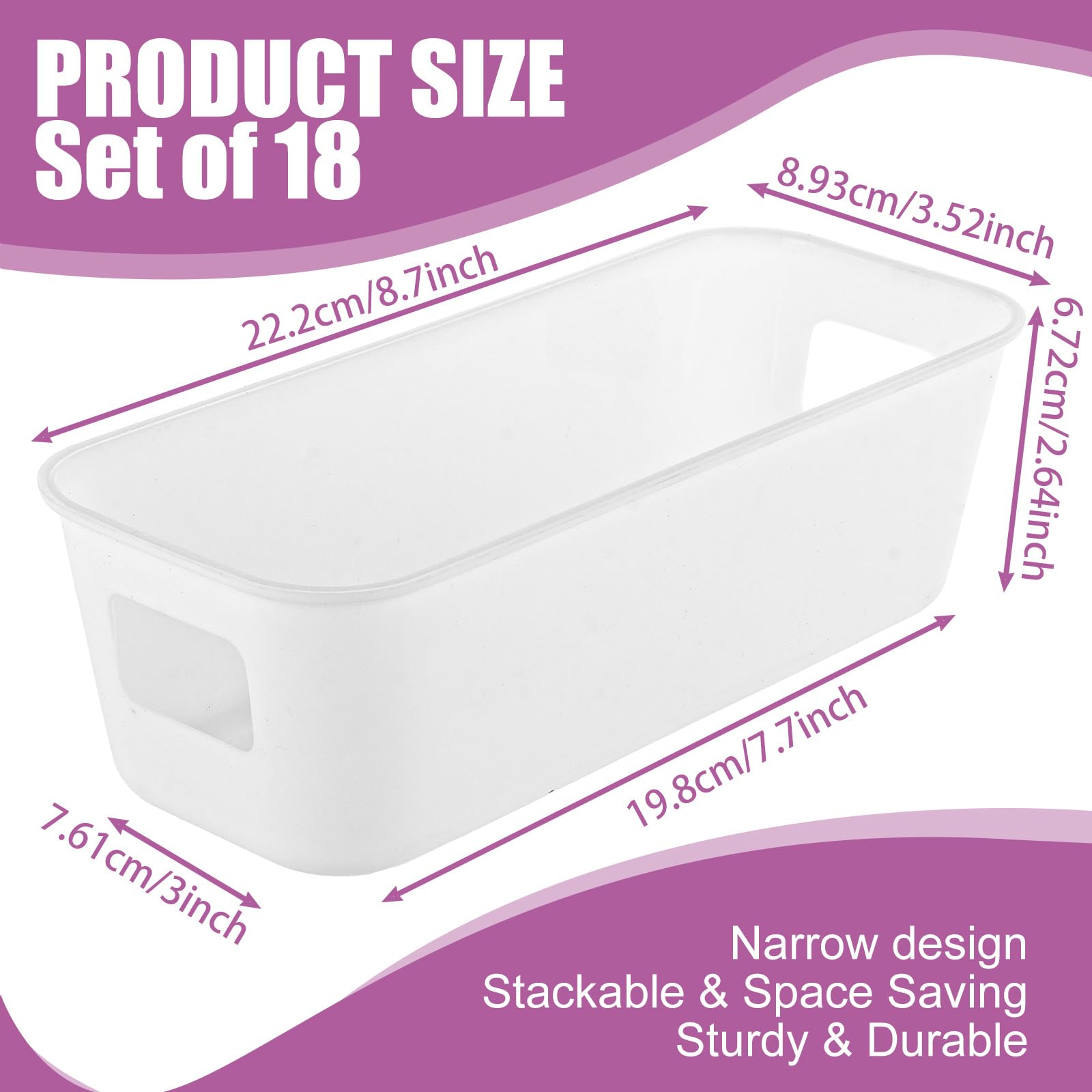 MUXHEL 18 Pack Small Storage Baskets 22x9x6.5cm White Plastic Storage Box with Built-in Handles Narrow Small Plastic Storage Baskets for Shelves