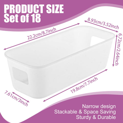 MUXHEL 18 Pack Small Storage Baskets 22x9x6.5cm White Plastic Storage Box with Built-in Handles Narrow Small Plastic Storage Baskets for Shelves