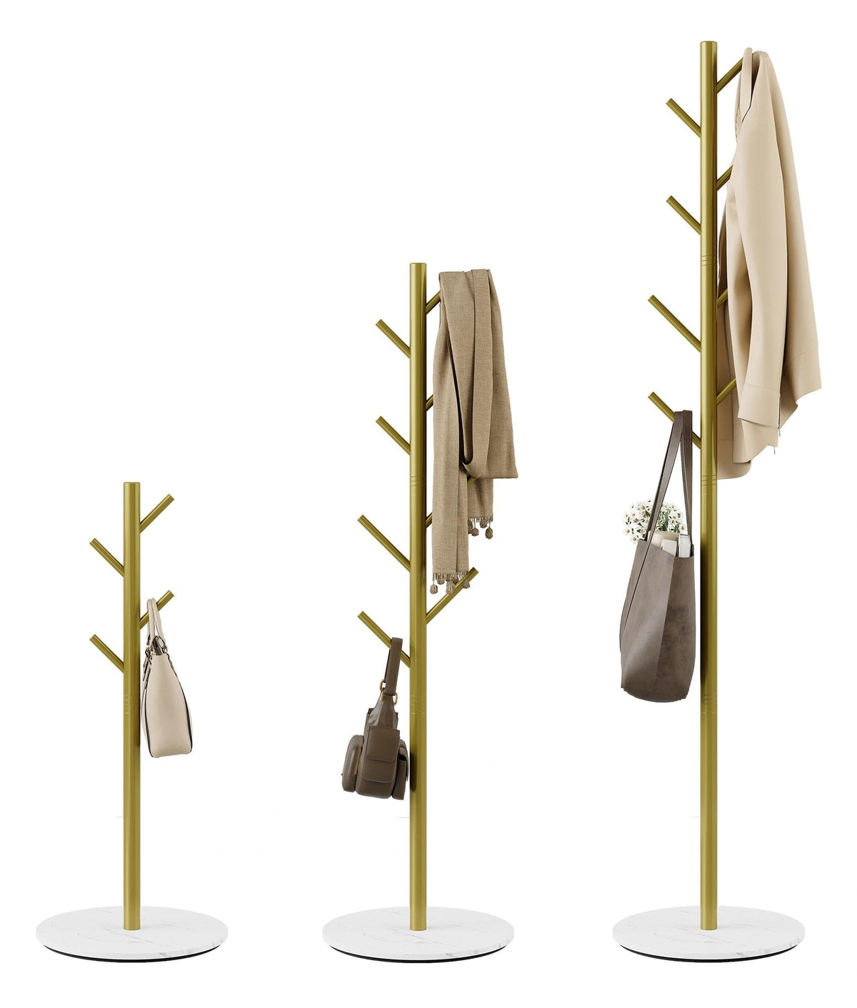 Tujurich Coat Rack with 8 Hooks, 3 Adjustable Heights, Modern Hall Tree, Sturdy Metal Coat Stand with Sintered Stone Base, for Hallway