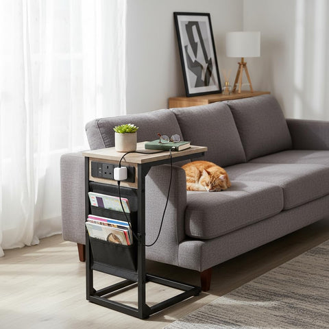 AMHANCIBLE C-Shaped Side Table, Side Table with Charging Station