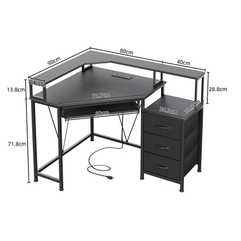 Flrrtenv 90x120cm Corner Desk with 3 Drawers, L Shaped Computer Desk with Keyboard Tray with Power Outlet & Monitor Stand