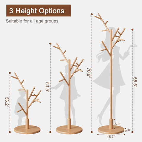 AQIMUELE Coat Stand, Wooden Coat Rack, Freestanding Stand with 12 Hooks, 3 Heights for Clothes, Hats, Bags, Coat Stands for Hallway, Small Space