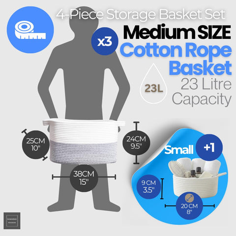 4pcs Cotton Rope Storage Basket Set, (3 Medium + 1 Small) Woven Baskets with Handles for Living Room, Bedroom, Bathroom & Nursery