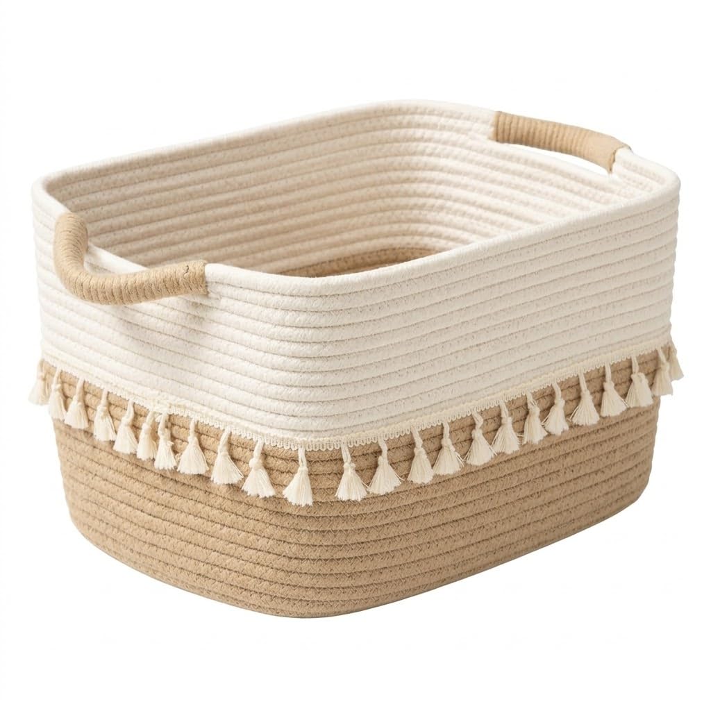 TeoKJ Storage Baskets 38x25x22cm – Woven Storage Basket with Tassels, Toy Basket with Handle, Rope Organizer for Living Room, Bathroom Baskets