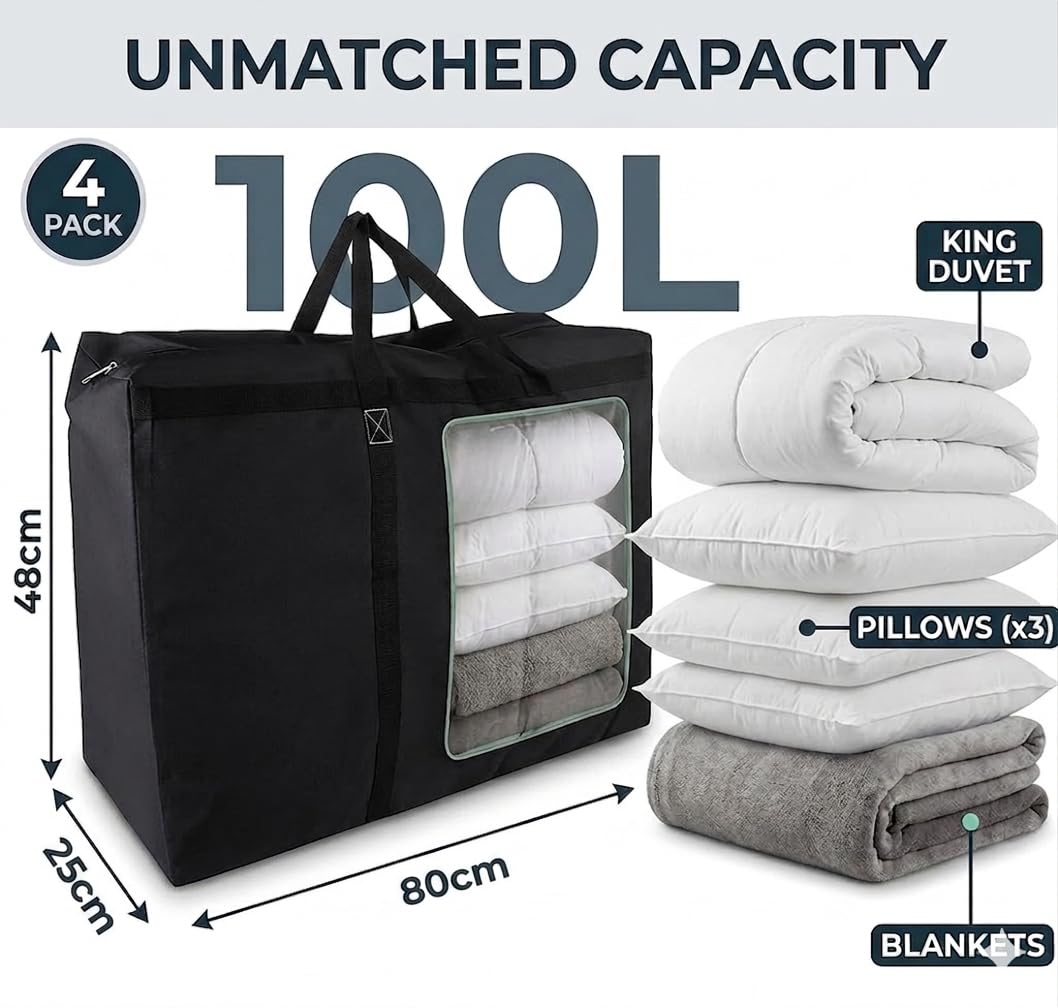 JMIATRY 4 Pack 100L Jumbo Storage Bags with Zips, 600D Large Waterproof Oxford Moving Bags with Handle, Underbed Storage Bags for Duvet, Clothes
