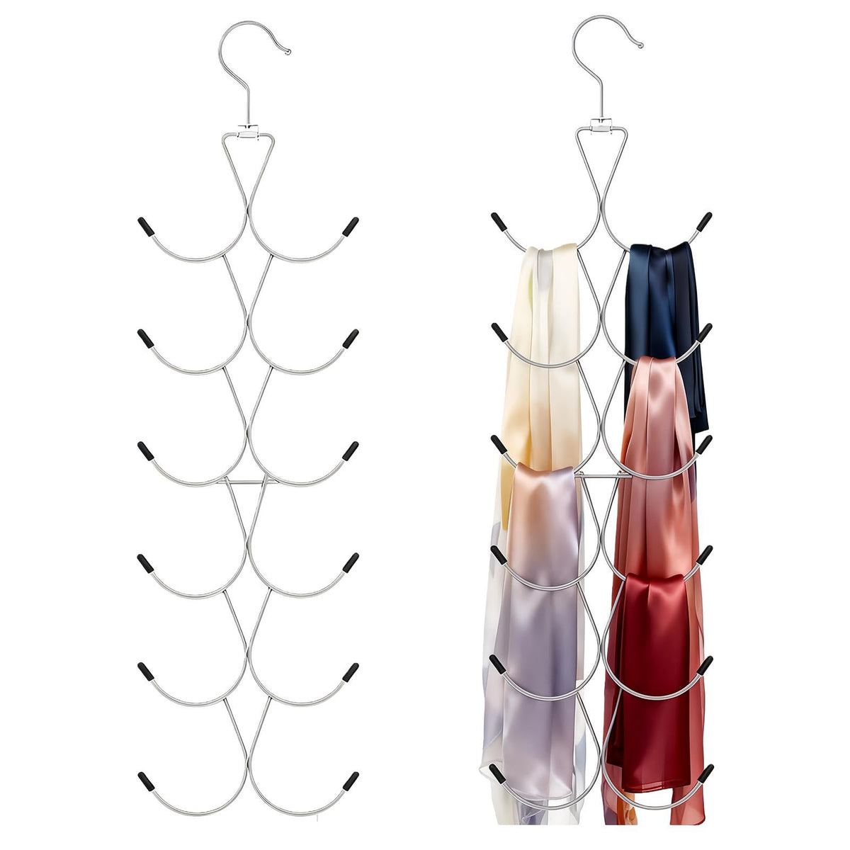 2Pcs Scarf Hanger with 12 Hooks, Metal 360° Rotating Organizer, Space-Saving Foldable Holder for Closet Scarves, Shawls, Belts and Purses (Silver)