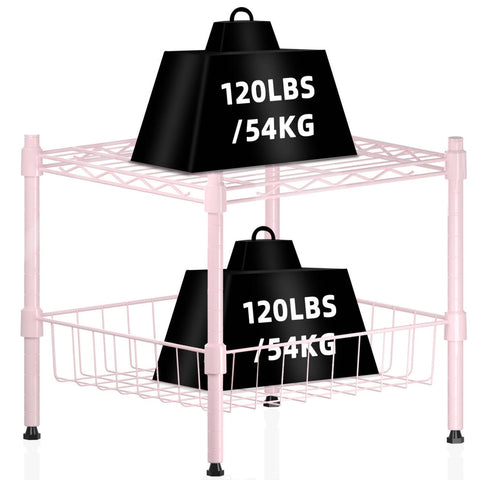 CLCARE Stacking Shelf Adjustable, Stackable & Expandable, Heavy Duty Storage Shelving Unit, Cabinet Organizer Shelf (Pink,2-Tier)