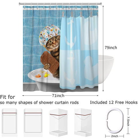 Hnmdmyi Funny Cat Shower Curtain 180x200, Bathing Animal Kitten Shower Curtains Cute Kids Children Blue Bathroom Curtains with Hooks Waterproof
