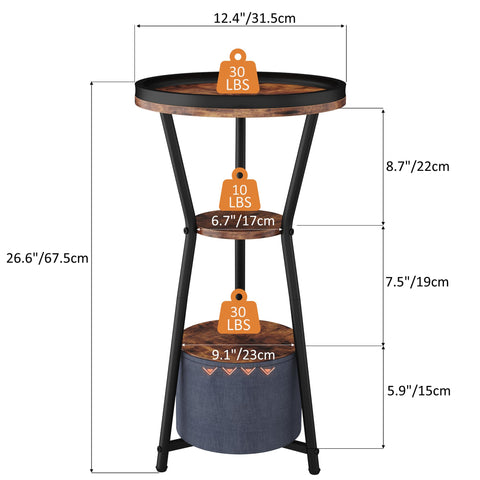 Yusong Round Side Table, Small Drink Table for Small Spaces, 3-Tier Industrial Corner Table, Bedside Table Highlight for Living Room, Bedroom, Sofa