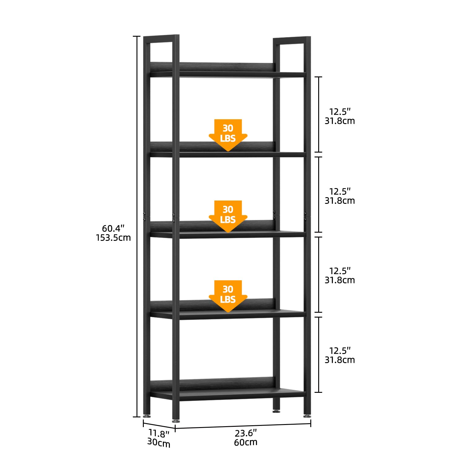 APPOLYN 5 Tier Bookshelf, Open-shelf Bookcase with Backboard, Black