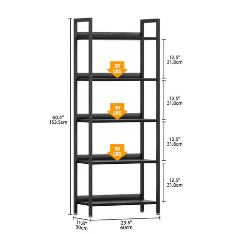 APPOLYN 5 Tier Bookshelf, Open-shelf Bookcase with Backboard, Black
