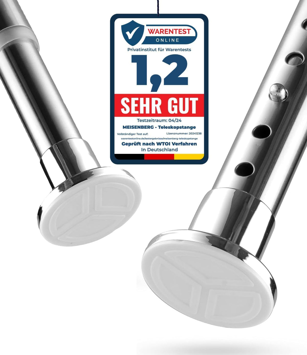 MEISENBERG Shower Curtain Rail Stainless Steel Silver, Tension Rods for Curtains 160-210 cm - Ø 32 mm Diameter, Heavy Duty Tension Pole No Drill